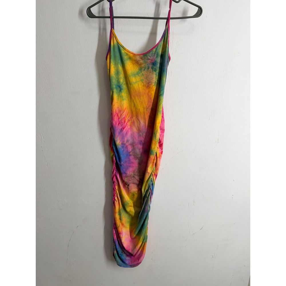 Absolutely It!! Tie Dye Ruched Bodycon Dress Pink Yellow Blue Medium Summer Midi